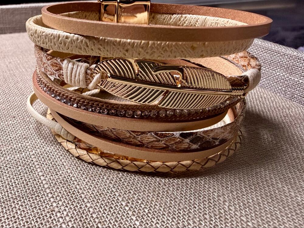 Genuine Leather Layered Cuff Bracelet Feather Crystal Magnetic Clasp NIP